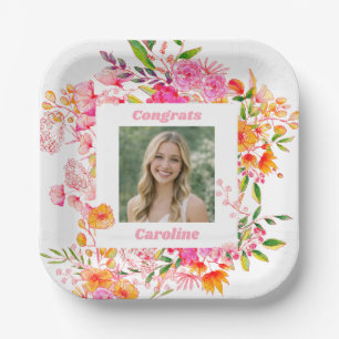 Pink Orange Floral Graduation Party Photo 2026 Paper Plate