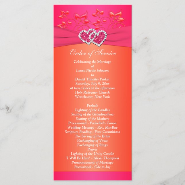 Pink Orange Floral, Hearts Wedding Program 2 Programme (Front)
