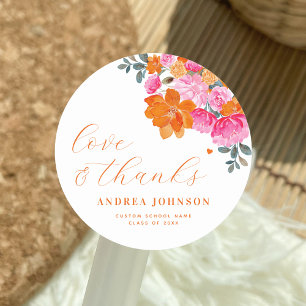 Pink & Orange Floral Love & Thanks Graduation Classic Round Sticker