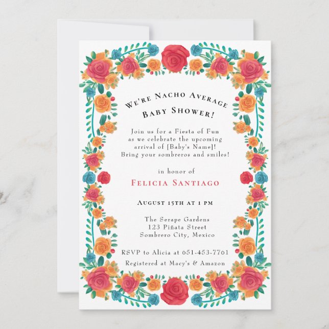 Pink Orange Floral Mexican Fiesta Baby Shower Invitation (Front)