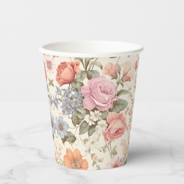 Pink Orange Floral Paper Cups (Front)