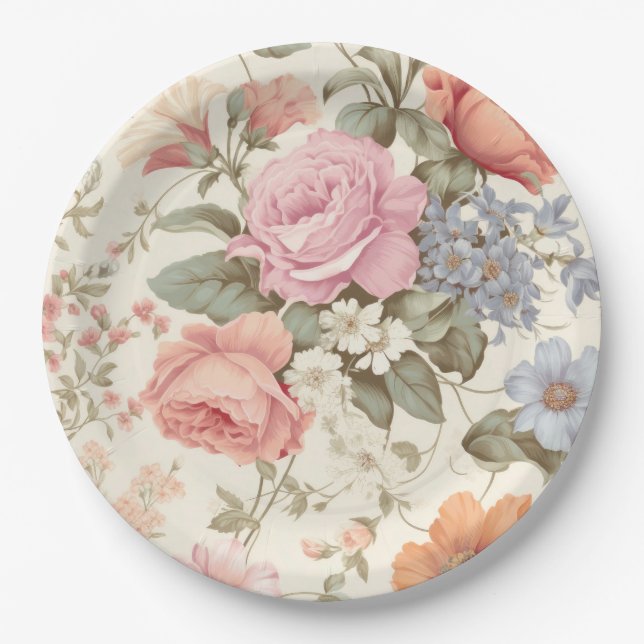 Pink Orange Floral Paper Plate (Front)