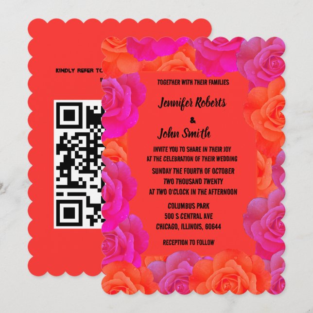 Pink Orange Floral Rose Patterns QR Code Wedding Invitation (Front/Back)