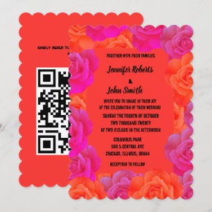 Pink Orange Floral Rose Patterns QR Code Wedding Invitation