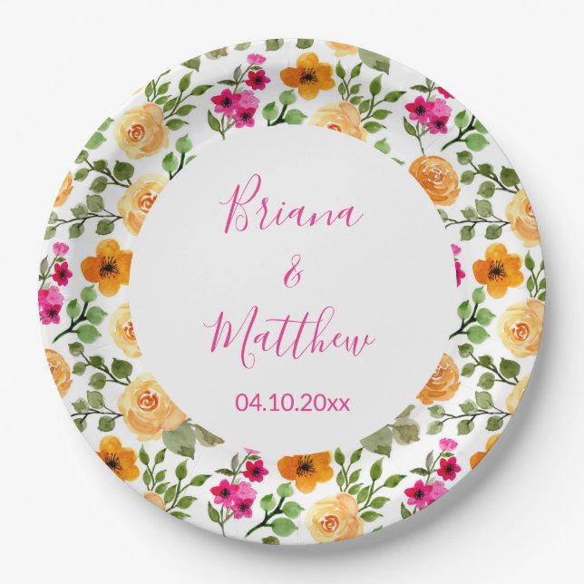 Pink Orange Floral Script Paper Plate (Front)