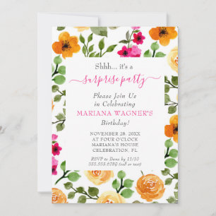 Pink Orange Floral Script Surprise Birthday Party Invitation