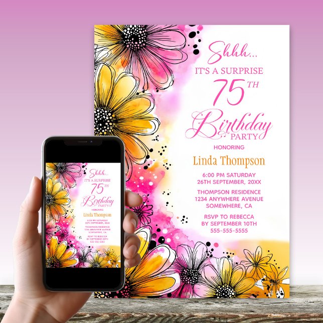 Pink Orange Floral Surprise 75th Birthday Party Invitation (Creator Uploaded)