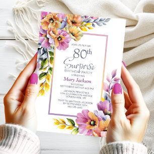 Pink Orange Floral Surprise 80th Birthday Party Invitation