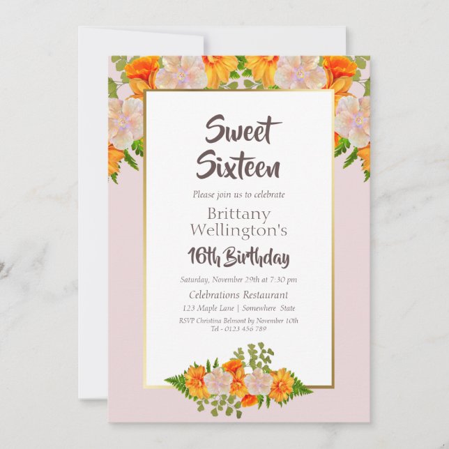Pink Orange Floral Sweet 16 Birthday Party Invitation (Front)