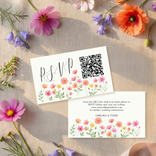 Pink Orange Floral Wedding RSVP QR Code Enclosure Card
