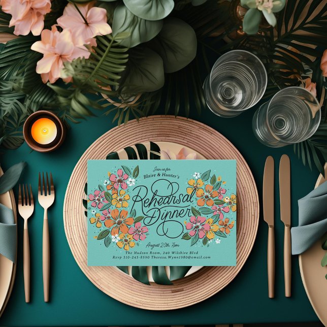 Pink Orange Florals Hand-Lettered Rehearsal Dinner Invitation (Creator Uploaded)