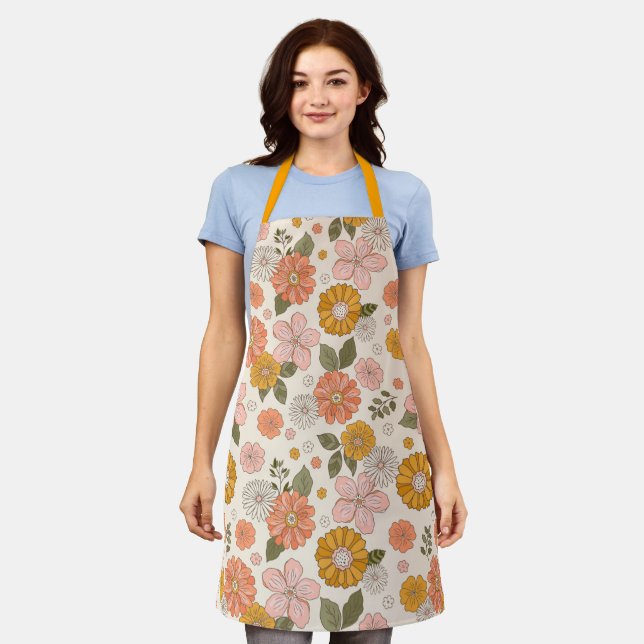 Pink & Orange Flower Garden Pattern Apron (Worn)