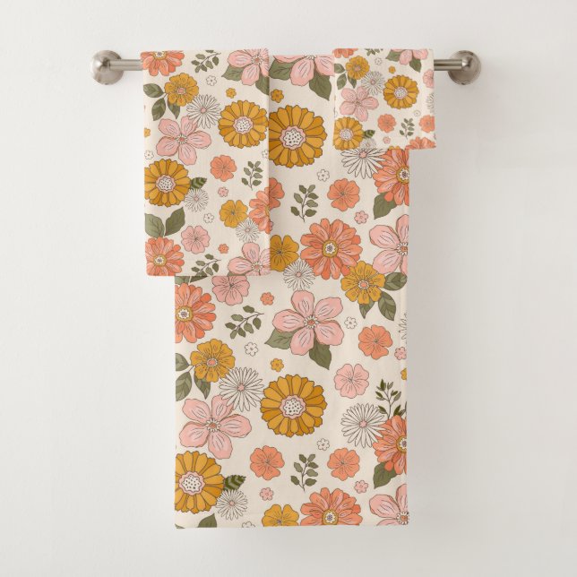 Pink & Orange Flower Garden Pattern Bath Towel Set (Insitu)