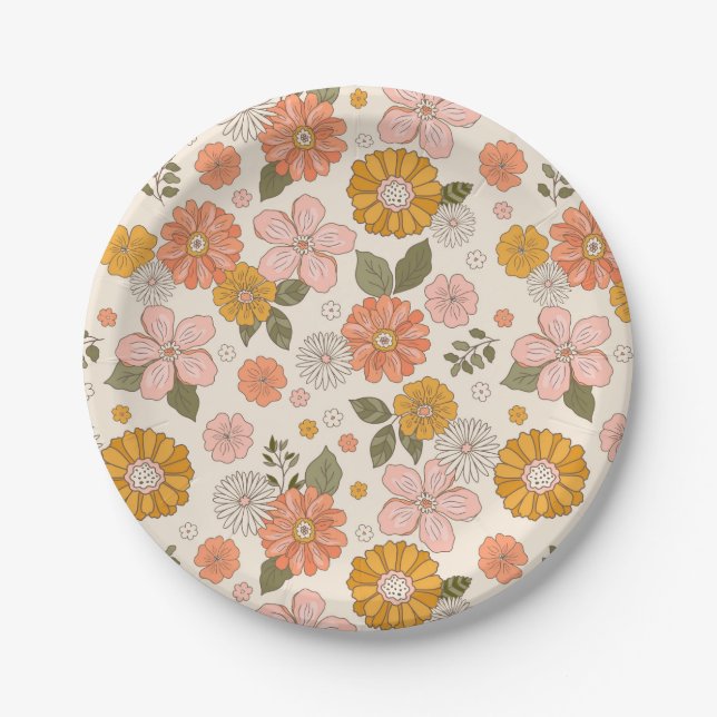 Pink & Orange Flower Garden Pattern Paper Plate (Front)