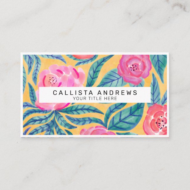 Pink Orange Flowers Leaves Watercolor Monogram Business Card (Front)