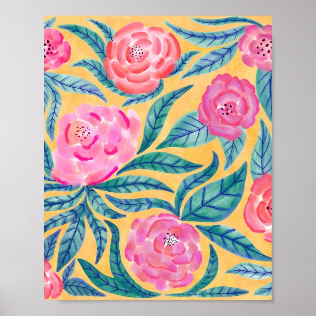 Pink Orange Flowers Leaves Watercolor Pattern Poster (Front)