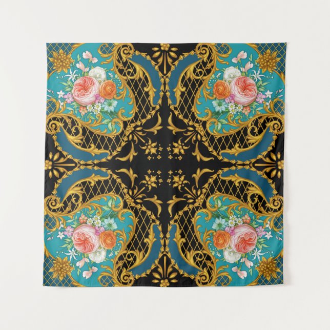 Pink Orange Flowers: Square Composition Tapestry (Front)