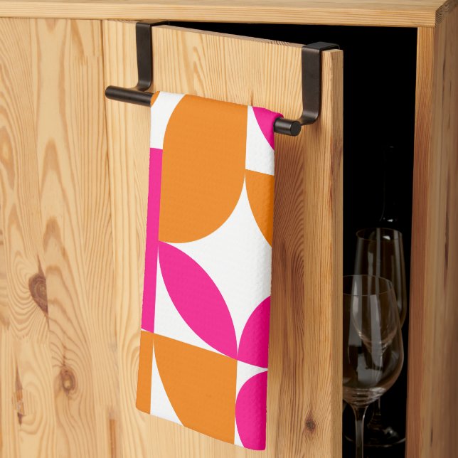 Pink Orange Geometric Mid Century Pattern Tea Towel (Thirds Fold)