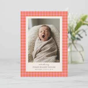 Pink Orange Gingham Check Newborn Photo Baby Birth Announcement