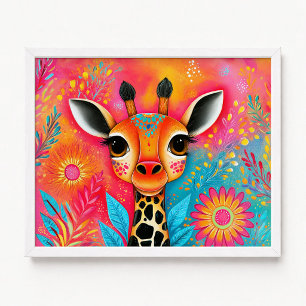 Pink Orange Giraffe Floral Painting Poster