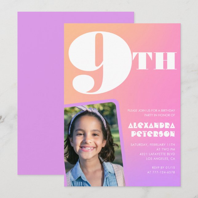 Pink Orange Gradient 9th birthday invitation Photo (Front/Back)