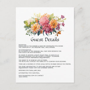 Pink, Orange & Green Floral Wedding Guest Details Enclosure Card