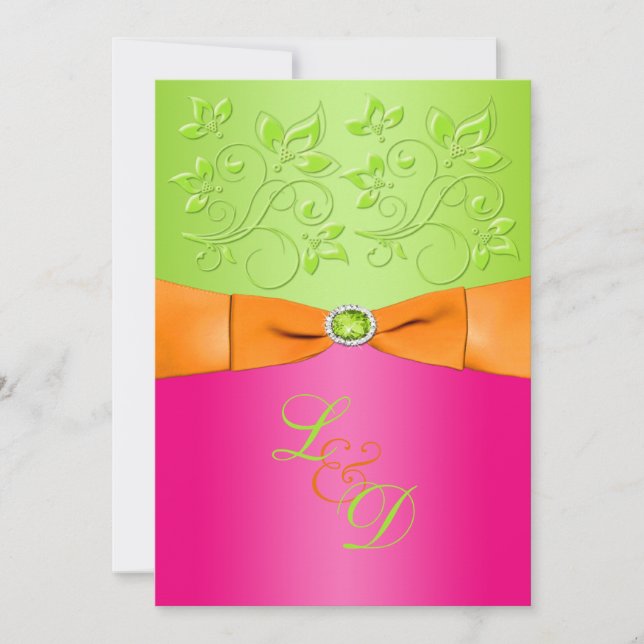 Pink, Orange, Green Monogram Wedding Invitation (Front)