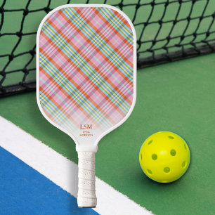 Pink Orange Green Plaid Pattern Custom Text Name Pickleball Paddle