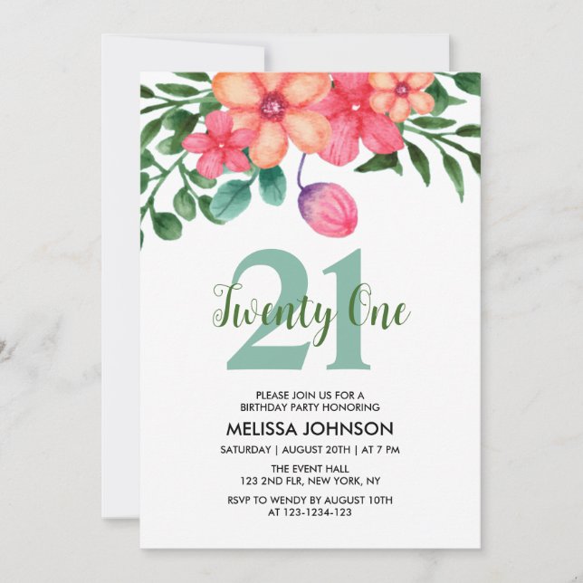 Pink Orange Greenery Spring Flower 21st Birthday Invitation (Front)