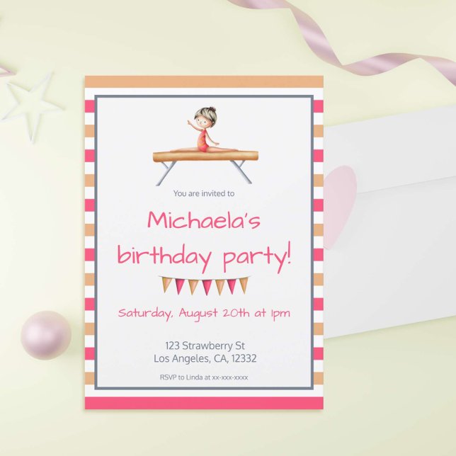 Pink Orange Gymnast on Beam Gymnastics Birthday Invitation (Creator Uploaded)