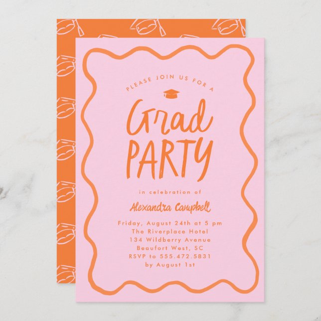 Pink Orange Hand Drawn Squiggle Graduation Party Invitation (Front/Back)
