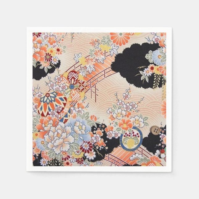 Pink Orange Japanese Kimono Floral Decoupage Paper Napkin (Front)