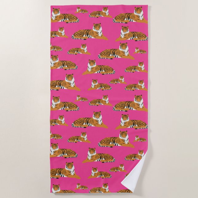 Pink Orange Jungle Tiger Animal Pattern  Beach Towel (Front)