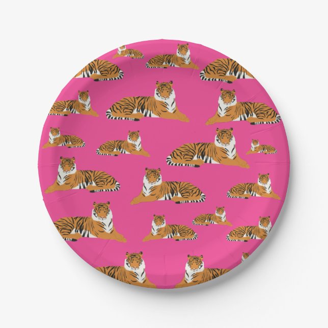Pink Orange Jungle Tiger Animal Pattern  Paper Plate (Front)