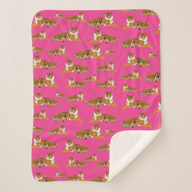 Pink Orange Jungle Tiger Animal Pattern Sherpa Blanket (Front)