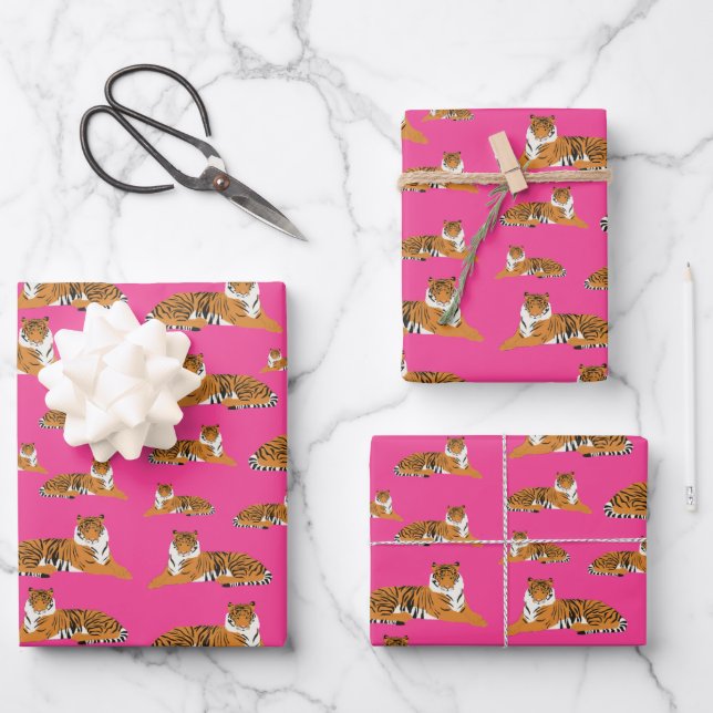 Pink Orange Jungle Tiger Animal Pattern Wrapping Paper Sheet (Front)