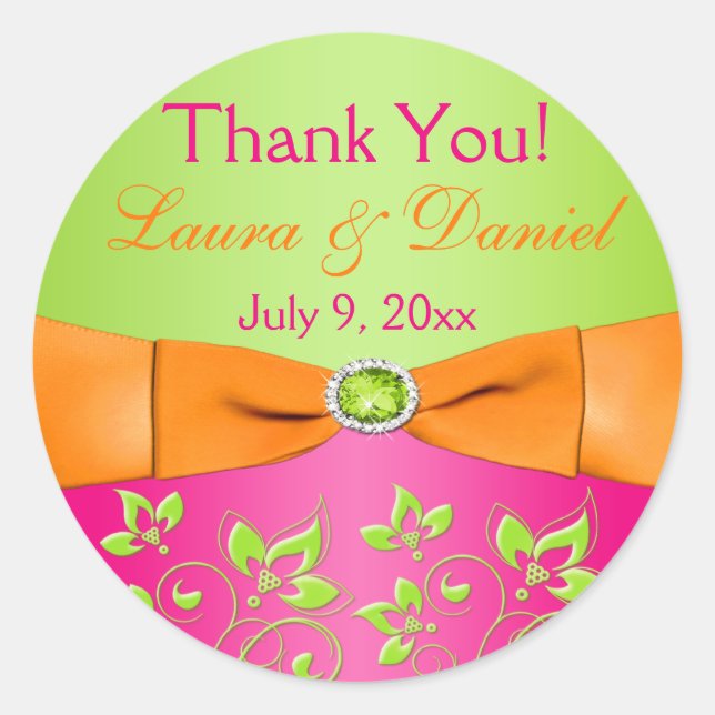 Pink Orange Lime Floral Wedding Favour Sticker (Front)