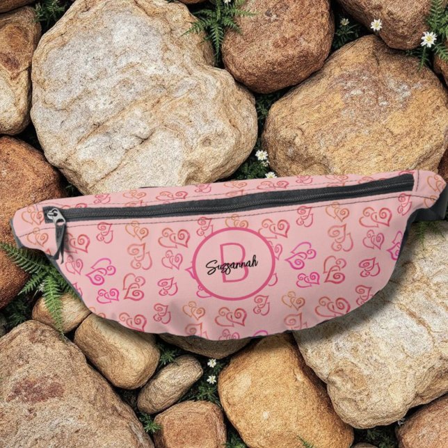 Pink Orange Linked Heart Pattern Initial Monogram Bum Bags (template name & monogram initial fanny pack front view)