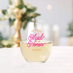 Pink Orange Modern Minimalist Maid of Honour Stemless Wine Glass
