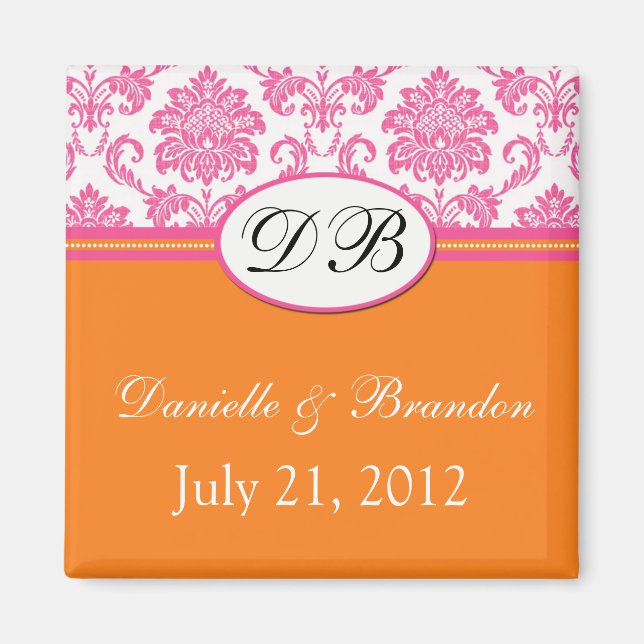 Pink Orange Monogram Damask Wedding Magnet (Front)