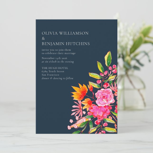 Pink Orange Navy Watercolor Flowers Modern Wedding Invitation (Standing Front)