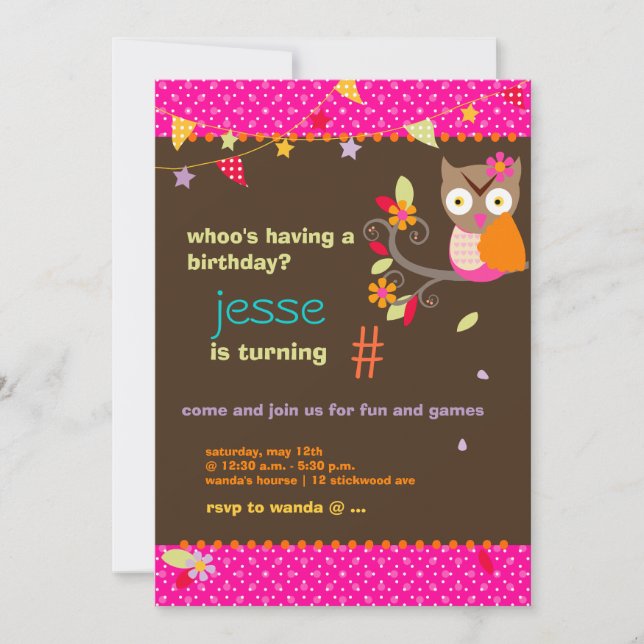 Pink / Orange Owl Personalised Birthday Party Invitation (Front)