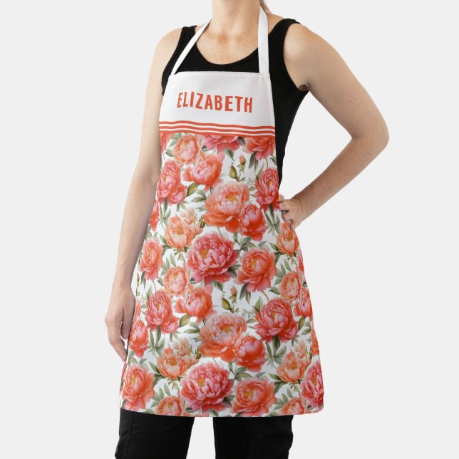 Pink Orange Peonies Floral Pattern  | Personalised Apron (Insitu)