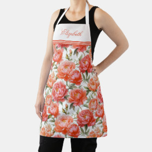 Pink Orange Peonies Floral Pattern Personalised Apron