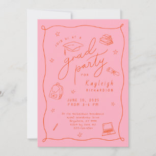 Pink Orange Photo Hand Drawn Grad Party Invitation