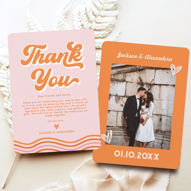 Pink Orange Photo Retro 70s Wedding Thank You Card (Creator Uploaded)