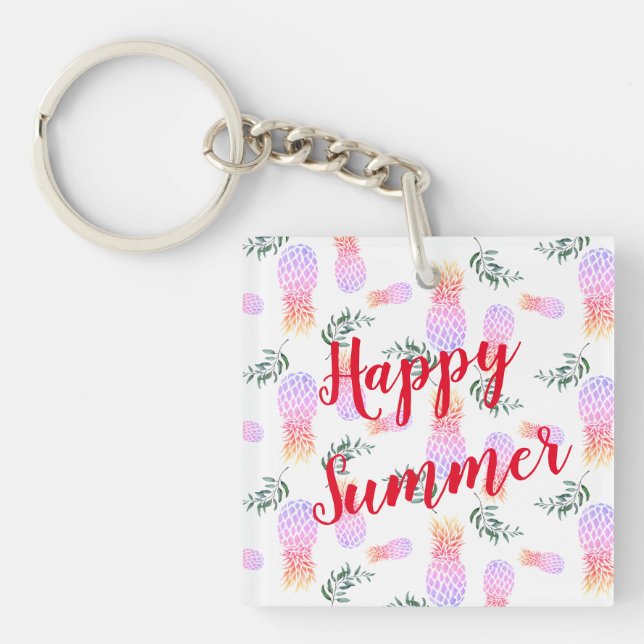 PINK & ORANGE PINEAPPLE HAPPY SUMMER KEY RING (Front)