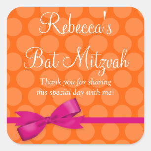 Pink Orange Polka Dot Printed Bow Bat Mitzvah Square Sticker