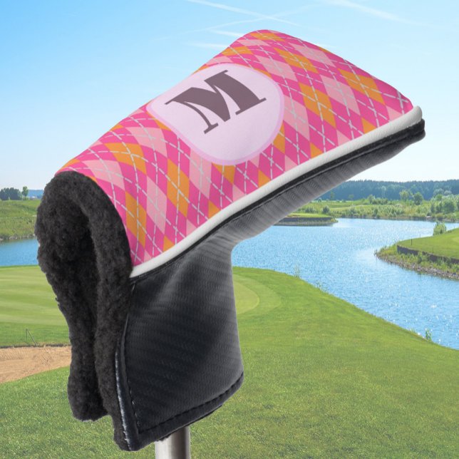 Pink Orange preppy argyle custom monogram ladies Golf Head Cover (Creator Uploaded)