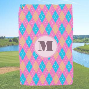 Pink orange preppy argyle custom monogram ladies golf towel